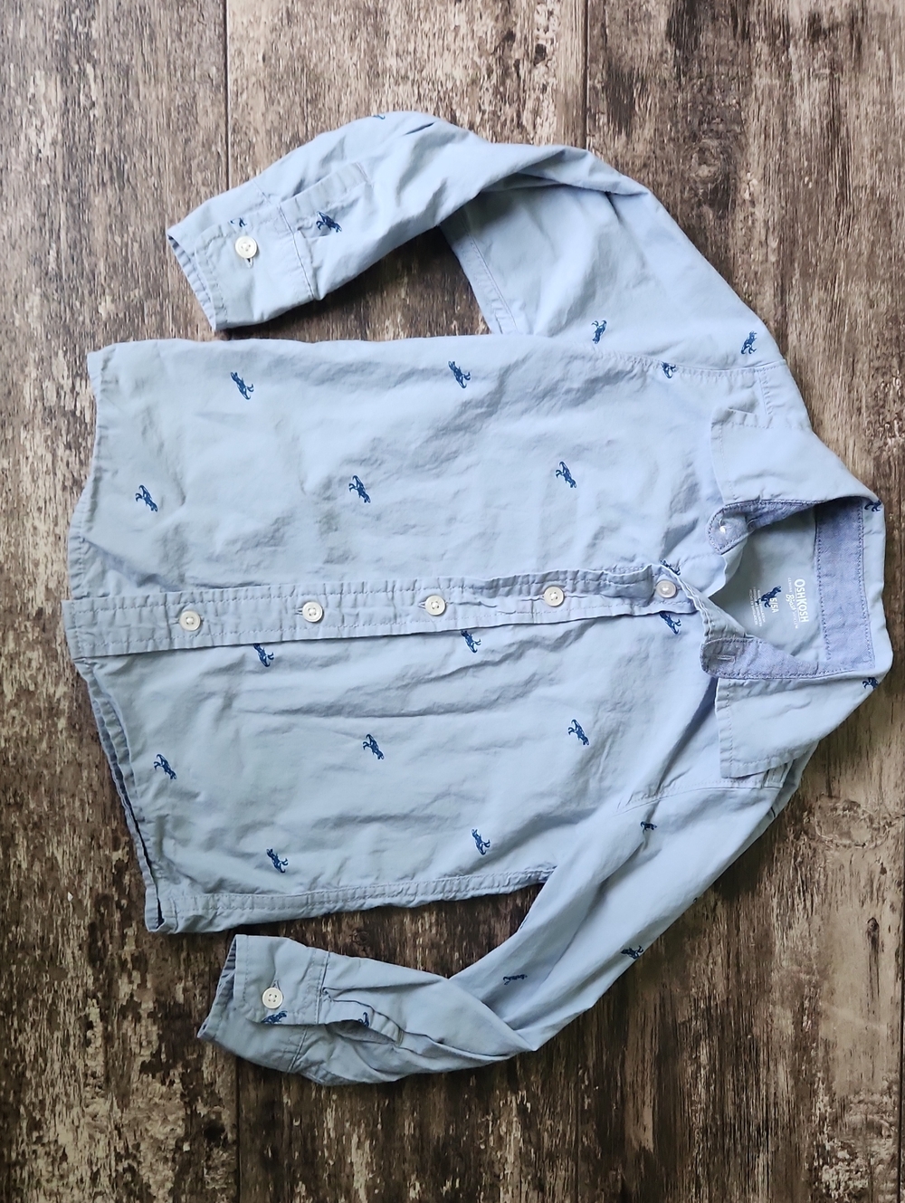 OshKosh B'gosh Light Blue Button-Down Shirt with Navy Dinosaur Embroidery Size 5